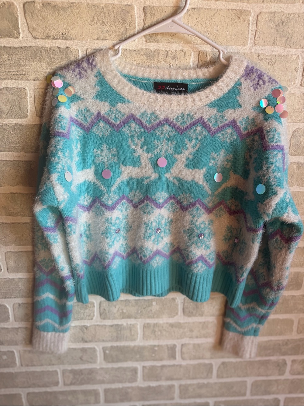 33 Degrees Aqua Reindeer Fair Isle Crewneck Sweater